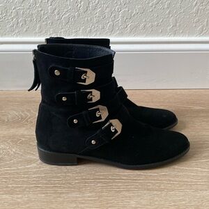 Stuart Weitzman Jitterbug Moto Black Suede Buckle Boots